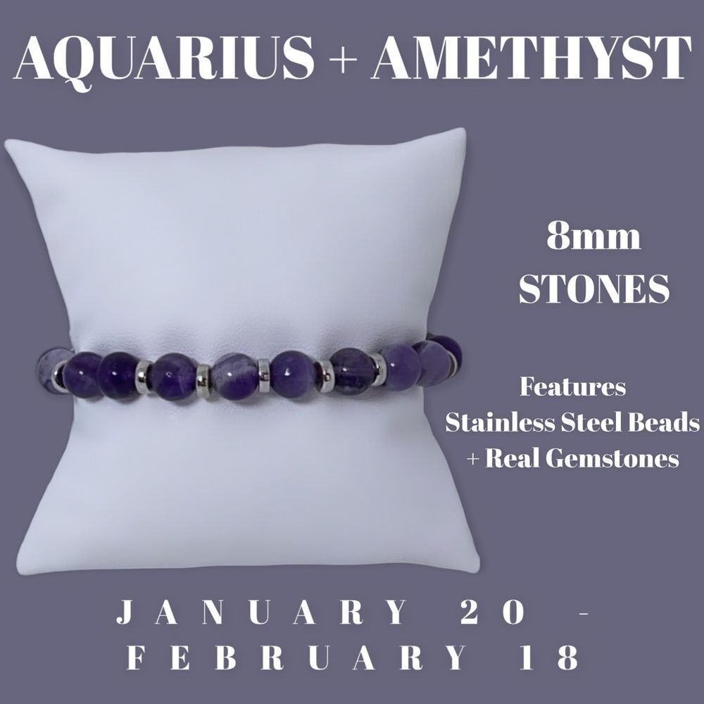 NWT Wool + Pepper Co. Zodiac + Gemstone - Aquarius + Amethyst Bracelet (Silver)